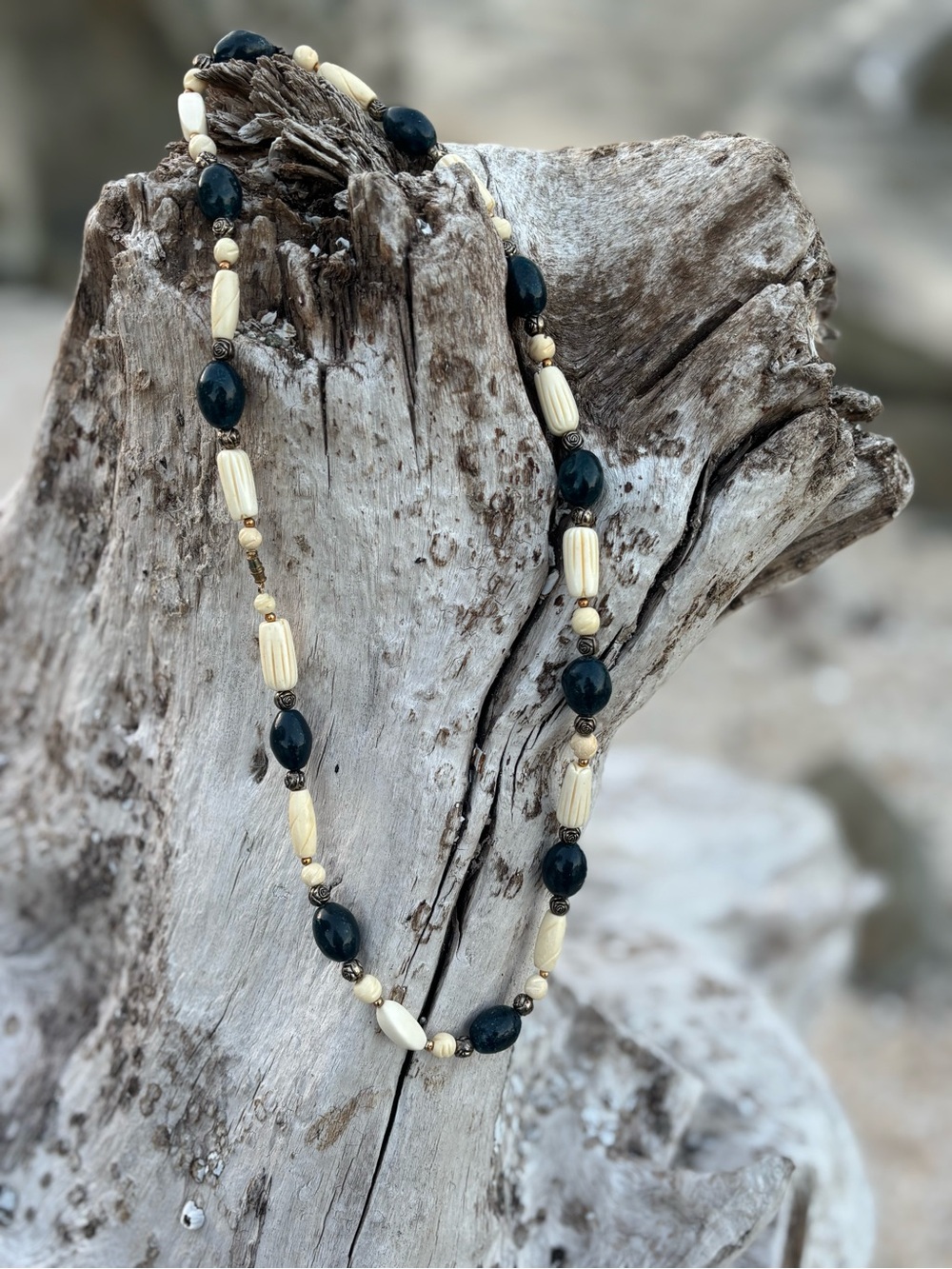 Vintage Carved Bone & Deep Blue Bead Long Boho Necklace Artisan Festival Jewelry